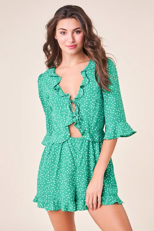 Women jumpsuits with off - the - shoulder tops for a flirty and stylish lookMint Julep Polka Dot Bell Sleeve Romper