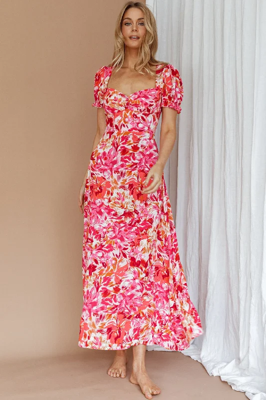 Strapless Women Dress with a Built - in Bra for Comfort and SupportMontebello Puff Sleeve Maxi Dress Floral Pink/Orange