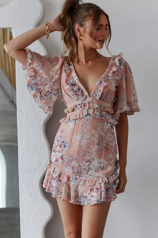 Sleeveless Women Dress in Bright Colors for Summer PartiesMy Belle Cut-Out Detail Frill Accent Dress Vintage Floral Print Peach