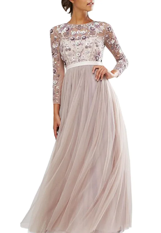 Mermaid - Style Women Dress with a Fitted Silhouette for Special OccasionsPurple Long Sleeves Floral Embroidered Gown
