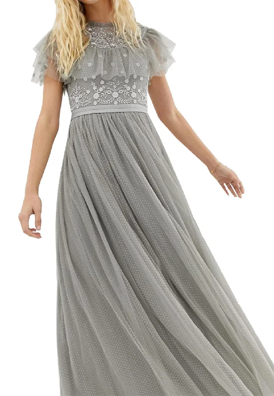 Wrap - Style Women Dress with Adjustable Fit for All Body TypesSilver Floral Embroidered Dotted Tulle Maxi Dress