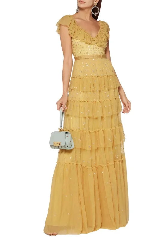 Lace - Embellished Women Dress for an Elegant and Sophisticated AppearanceYellow Sunburst Plunging Neck Tiered Embellished Tulle Gown Lace - Embellished Women Dress for an Elegant and Sophisticated AppearanceYellow Sunburst Plunging Neck Tiered Embellished Tulle Gown