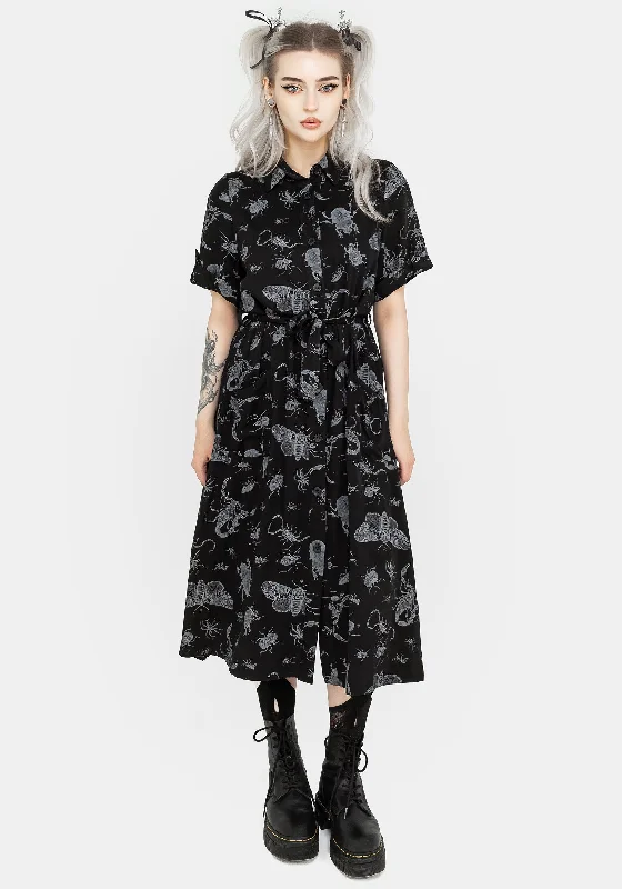 Mini Women Dress with a Short Hem for a Young and Trendy StyleParasite Bugs Short Sleeve Midi Shirt Dress - Black
