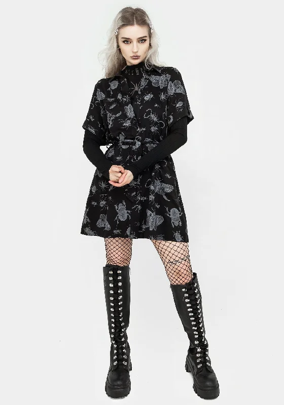 Mini Women Dress with a Short Hem for a Young and Trendy StyleParasite Bugs Short Sleeve Mini Shirt Dress - Black