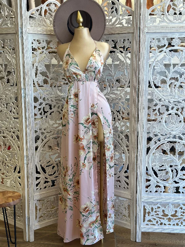 Backless Women Dress for a Sexy and Alluring Look at Evening EventsPink Pattern Open Back Maxi Dress- Slightly Stretchy Backless Women Dress for a Sexy and Alluring Look at Evening EventsPink Pattern Open Back Maxi Dress- Slightly Stretchy