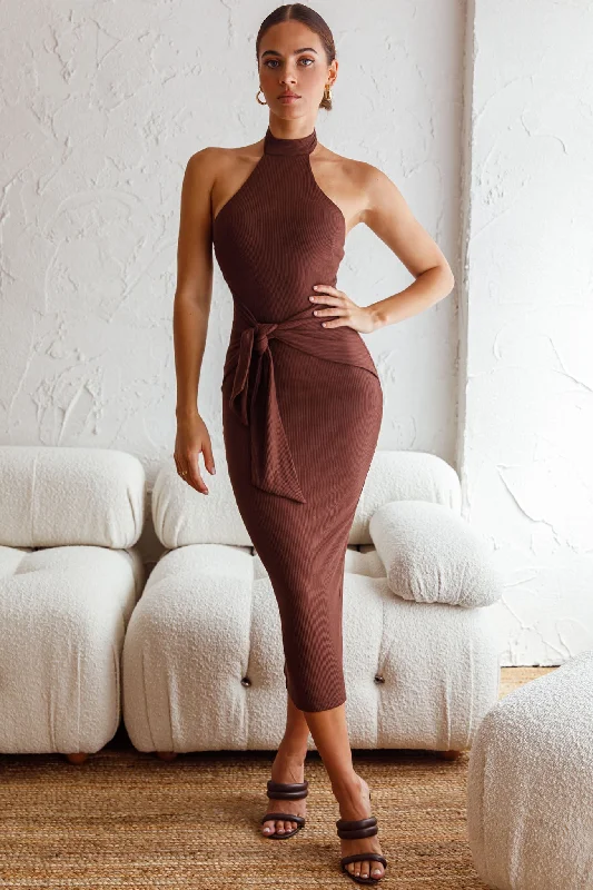 Mermaid - Style Women Dress with a Fitted Silhouette for Special OccasionsRapt Waist Tie Halterneck Knit Midi Dress Chocolate