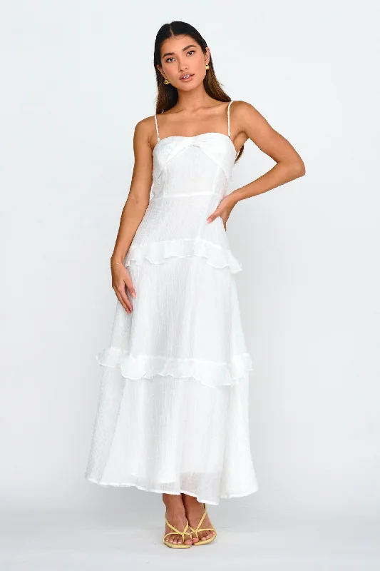 Ball Gown Women Dress with a Full Skirt for a Princess - like LookRise & Glow Frill Trim Textured Midi Dress White Ball Gown Women Dress with a Full Skirt for a Princess - like LookRise & Glow Frill Trim Textured Midi Dress White