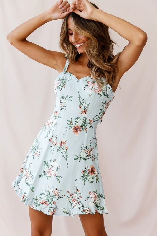Printed Abstract Women Dress for a Modern and Artistic AppealSelah Frill Trim Sweetheart Neckline Dress Floral Print Blue