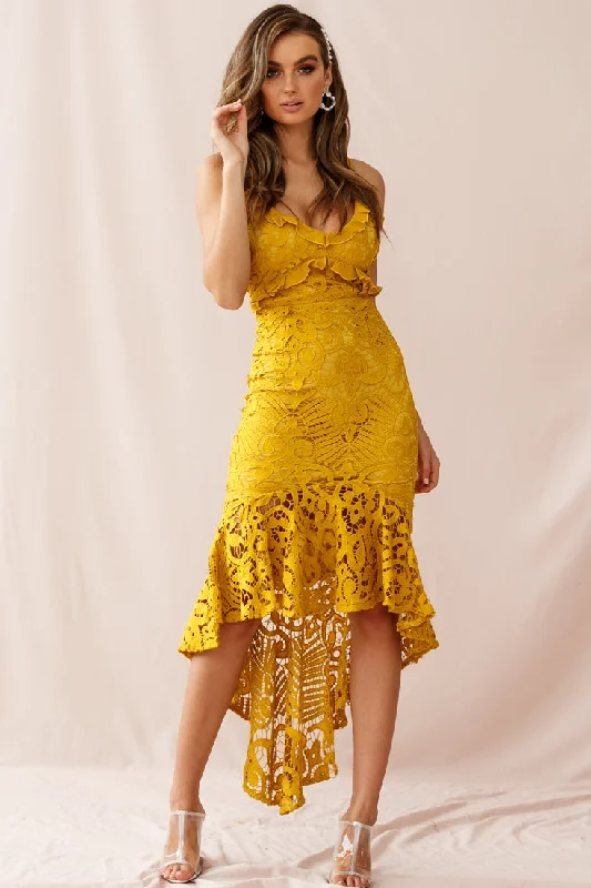 Plus Size Women Dress with a Flattering A - Line Cut for Comfort and StyleShakeera High-Low Hem Lace Dress Mustard Plus Size Women Dress with a Flattering A - Line Cut for Comfort and StyleShakeera High-Low Hem Lace Dress Mustard
