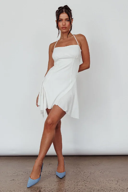 Pleated Women Dress with a Timeless and Elegant TextureSidonie Halterneck Godet Hem Mini Dress White
