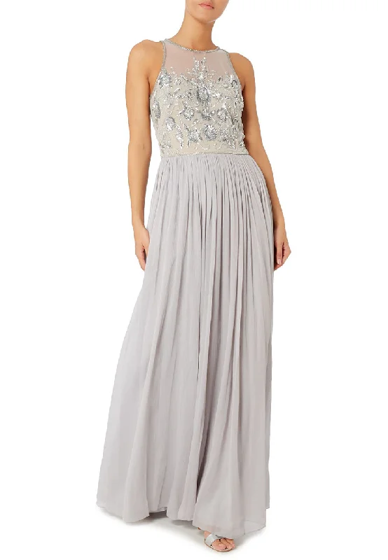Plus Size Women Dress with a Flattering A - Line Cut for Comfort and StyleSilver Beaded Top Pleated Tulle Maxi Dress (Pre-loved)