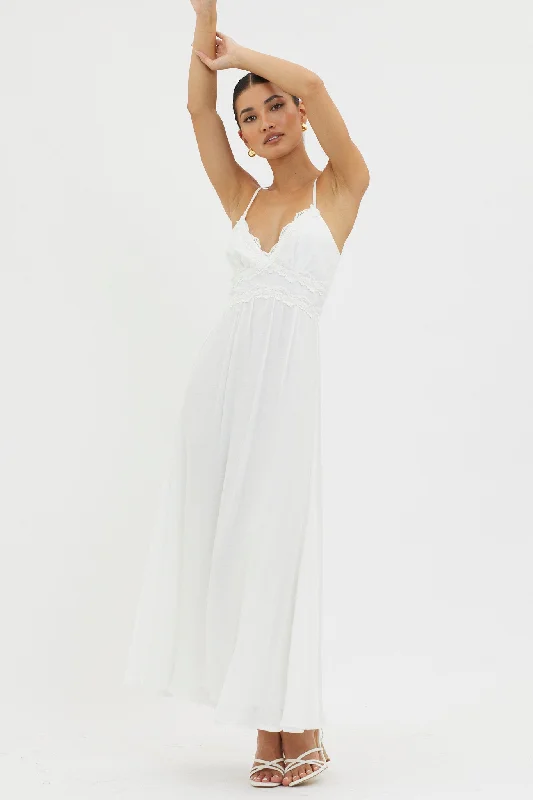 Long - Sleeve Women Dress in Velvet for a Luxurious Winter LookSlow It Down Lace Trim Maxi Dress White Long - Sleeve Women Dress in Velvet for a Luxurious Winter LookSlow It Down Lace Trim Maxi Dress White