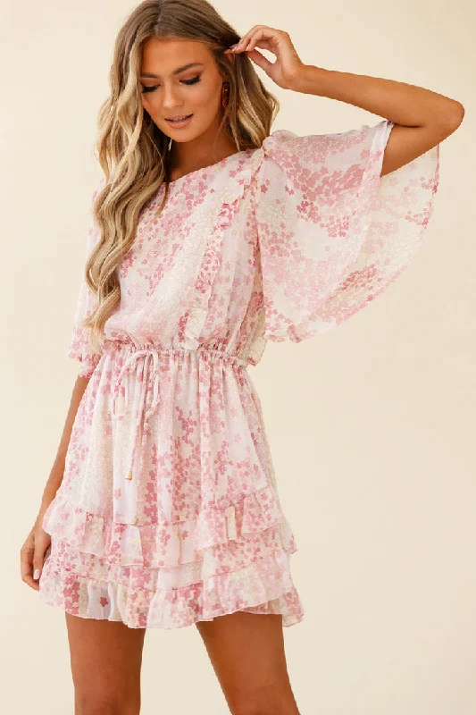 Strapless Women Dress with a Built - in Bra for Comfort and SupportStars Aligned Angel Sleeve Drawstring Waist Dress Star Print Pink