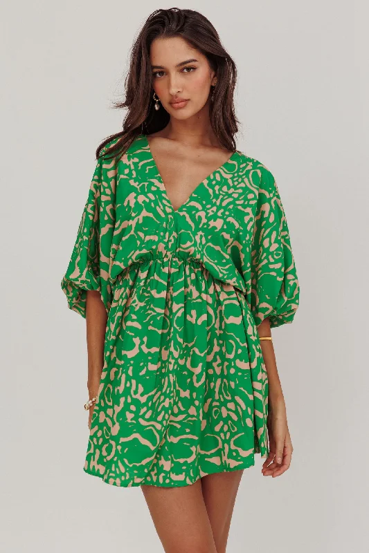 Halter Neck Women Dress to Show Off the Shoulders and NecklineSugar Coat Print Puff Sleeves Mini Dress Green Halter Neck Women Dress to Show Off the Shoulders and NecklineSugar Coat Print Puff Sleeves Mini Dress Green