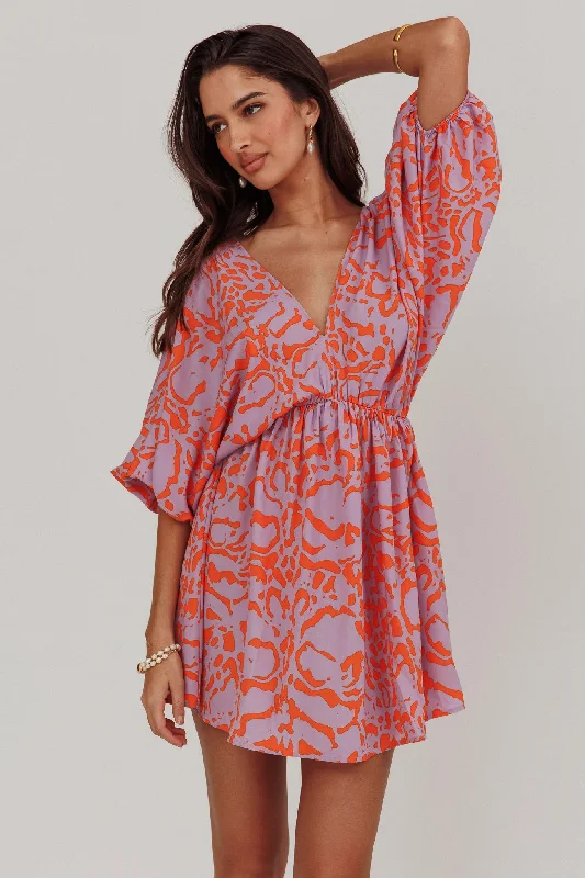 Sleeveless Women Dress in Bright Colors for Summer PartiesSugar Coat Print Puff Sleeves Mini Dress Lavender