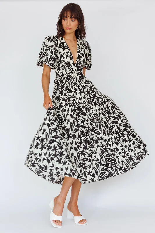 Lace - Embellished Women Dress for an Elegant and Sophisticated AppearanceSummer Land V-Neckline Midi Dress Floral Beige