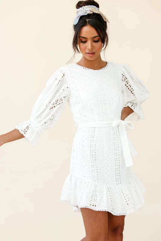 Printed Abstract Women Dress for a Modern and Artistic AppealSweet Sunshine Cut-Out Back Embroidery Dress White