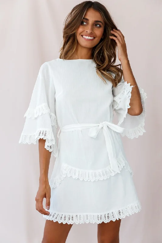 Ruffled Women Dress with Multiple Layers for a Playful and Girly StyleTalitha Waist Tie Lace Trim Dress White Ruffled Women Dress with Multiple Layers for a Playful and Girly StyleTalitha Waist Tie Lace Trim Dress White