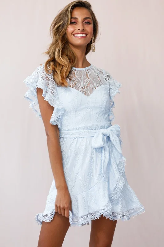 Off - the - Shoulder Women Dress for a Romantic and Feminine LookTaya Ruffle Shoulder Waist Tie Dress Steel Blue