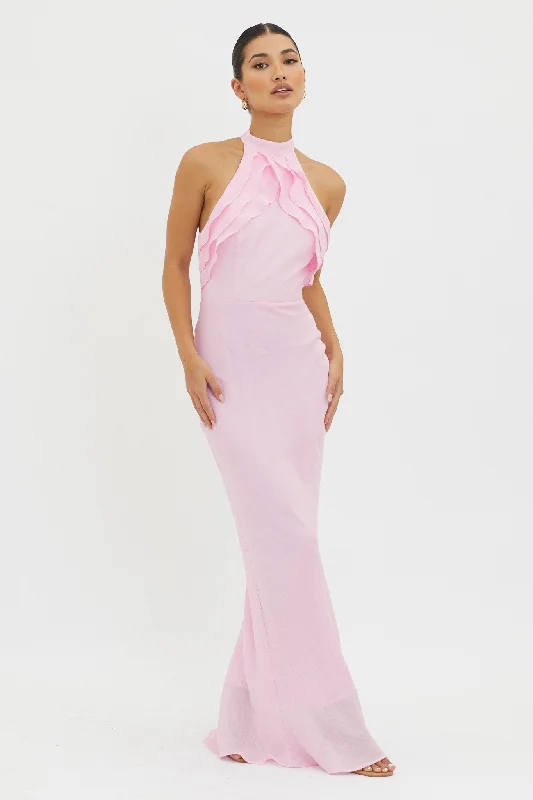 Plus Size Women Dress with a Flattering A - Line Cut for Comfort and StyleTopaz Skies Halterneck Ruffle Dress Pink