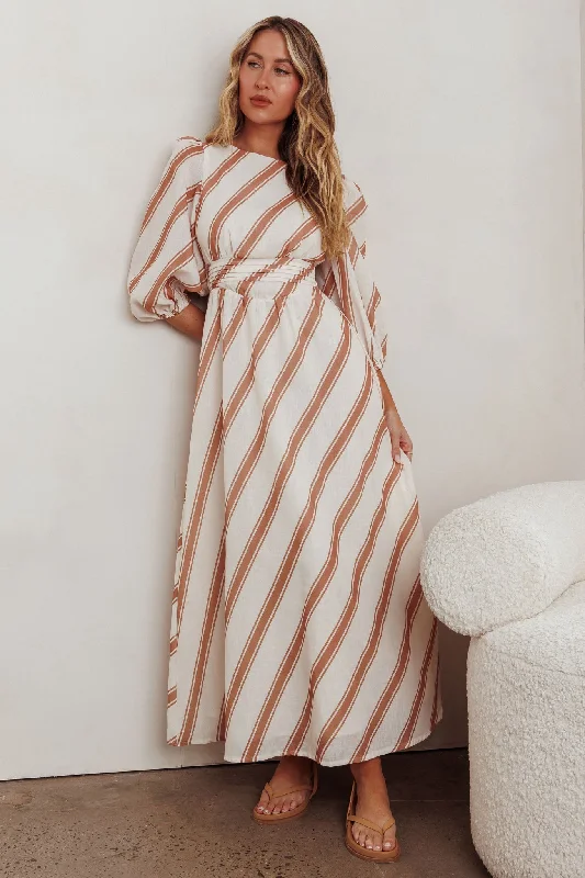 Off - the - Shoulder Women Dress for a Romantic and Feminine LookTranscendent Puff Sleeves Striped Maxi Dress Tan