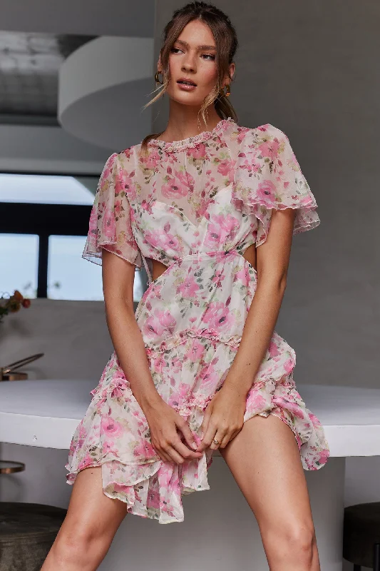 Empire Waist Women Dress to Accentuate the Bust and Conceal the WaistTres Chic Flutter Sleeve Cut-Out Dress Floral Pink Empire Waist Women Dress to Accentuate the Bust and Conceal the WaistTres Chic Flutter Sleeve Cut-Out Dress Floral Pink