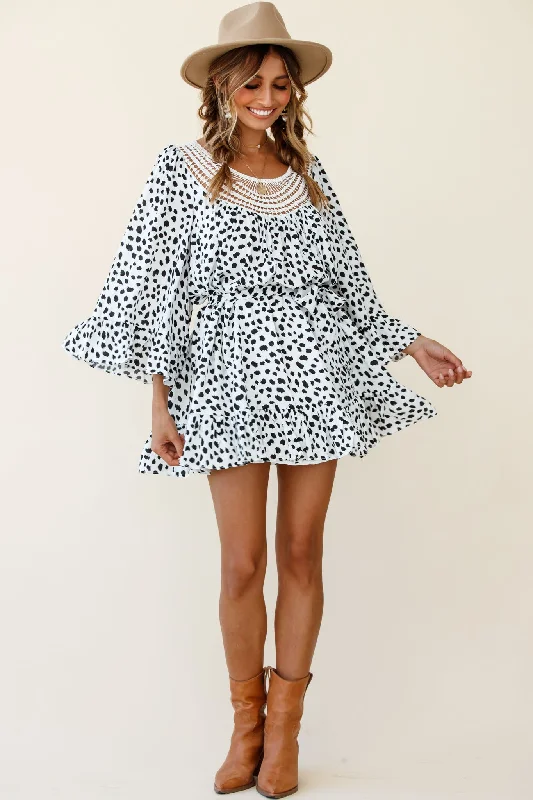 Shift Women Dress with a Simple and Classic Design for Everyday WearTurn Back Time Long Sleeve Crochet Neckline Dress Animal Print White/Black