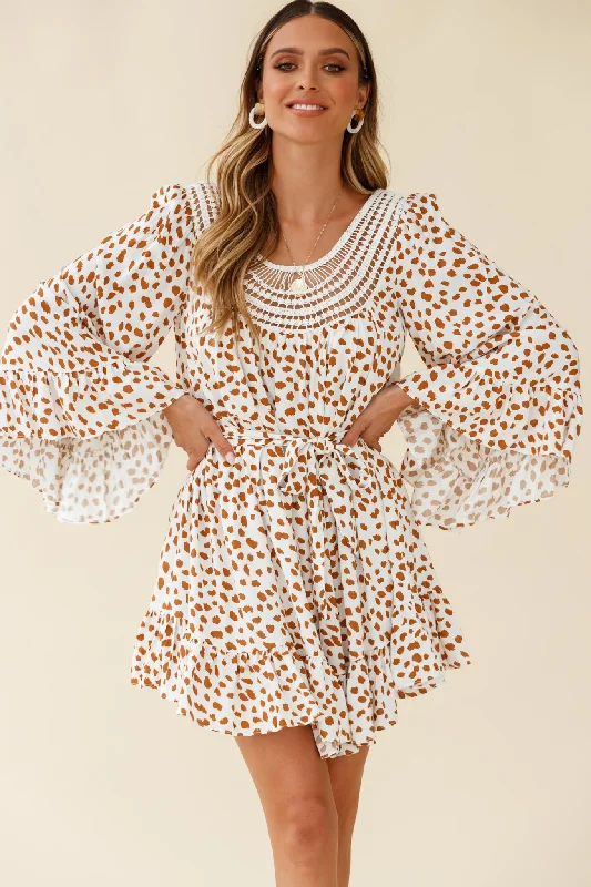 Backless Women Dress for a Sexy and Alluring Look at Evening EventsTurn Back Time Long Sleeve Crochet Neckline Dress Animal Print White/Brown