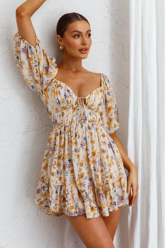 Wrap - Style Women Dress with Adjustable Fit for All Body TypesVista Del Mar Tied Bust Mini Dress Floral Beige Wrap - Style Women Dress with Adjustable Fit for All Body TypesVista Del Mar Tied Bust Mini Dress Floral Beige