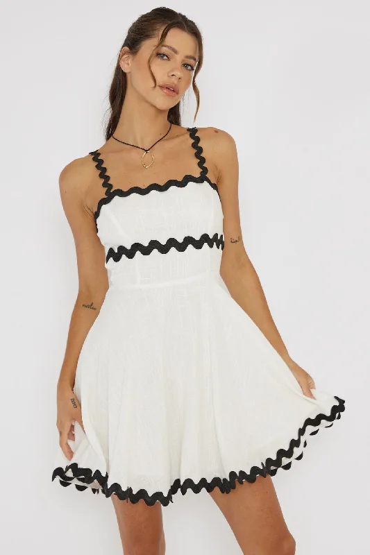 Halter Neck Women Dress to Show Off the Shoulders and NecklineWon Me Over Ric Rac Trim Mini Dress White Halter Neck Women Dress to Show Off the Shoulders and NecklineWon Me Over Ric Rac Trim Mini Dress White