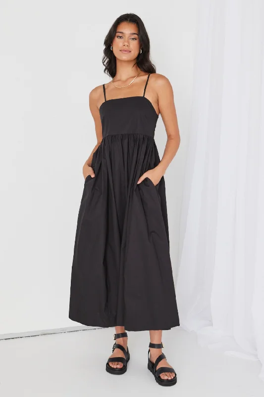 Strapless Women Dress with a Built - in Bra for Comfort and SupportZion Black Poplin Strappy Maxi Dress