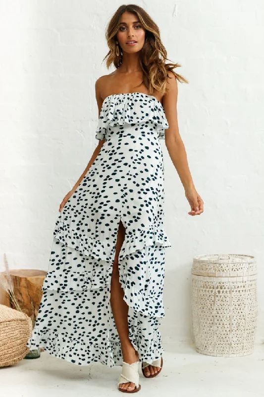 Long - Sleeve Women Dress in Velvet for a Luxurious Winter LookZulu Frill Bust Front Split Maxi Dress Animal Print White Long - Sleeve Women Dress in Velvet for a Luxurious Winter LookZulu Frill Bust Front Split Maxi Dress Animal Print White