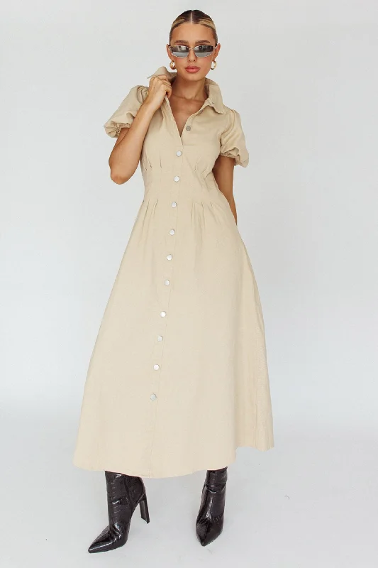 Shift Women Dress with a Simple and Classic Design for Everyday WearZurich Pleated Waist Midi Dress Beige