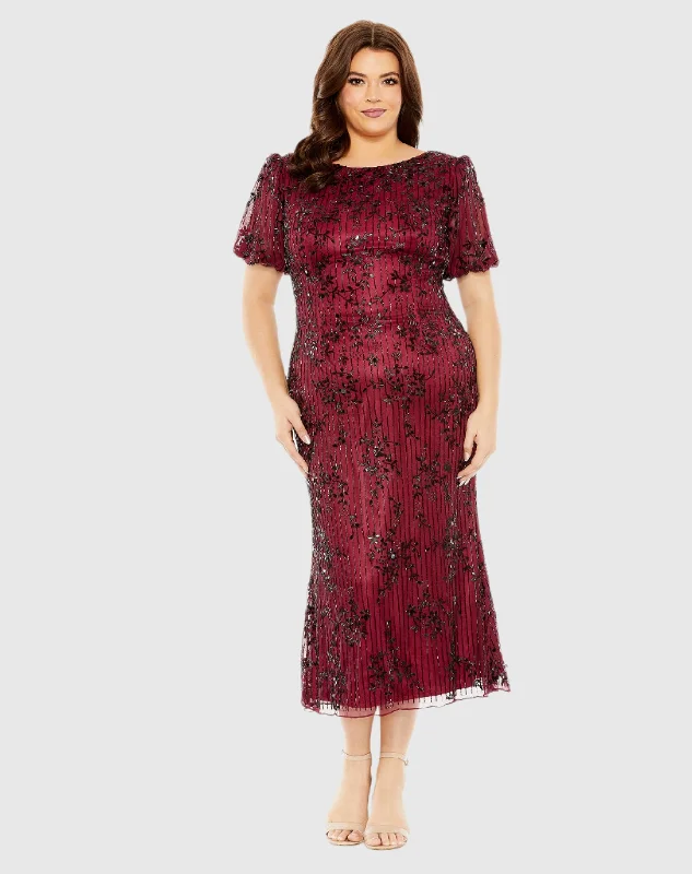 Plus Size Women Dress with a Flattering A - Line Cut for Comfort and Style Plus Size Women Dress with a Flattering A - Line Cut for Comfort and Style High Neck Puff Sleeve Embellished Dress