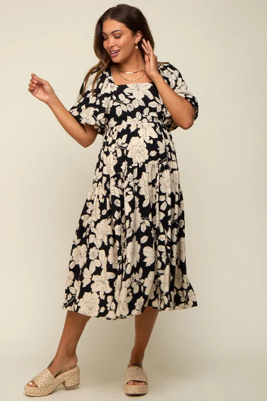 Halter Neck Women Dress to Show Off the Shoulders and Neckline Halter Neck Women Dress to Show Off the Shoulders and Neckline Black Floral Puff Sleeve Tiered Maternity Dress