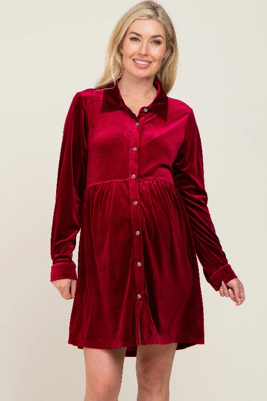Wrap - Style Women Dress with Adjustable Fit for All Body Types Wrap - Style Women Dress with Adjustable Fit for All Body Types Burgundy Velvet Button Down Maternity Mini Dress