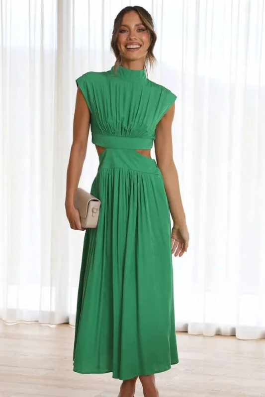 Maxi Women Dress with Floral Print for a Bohemian Vibe Maxi Women Dress with Floral Print for a Bohemian Vibe Cutout Mock Neck Sleeveless Ruched Dress