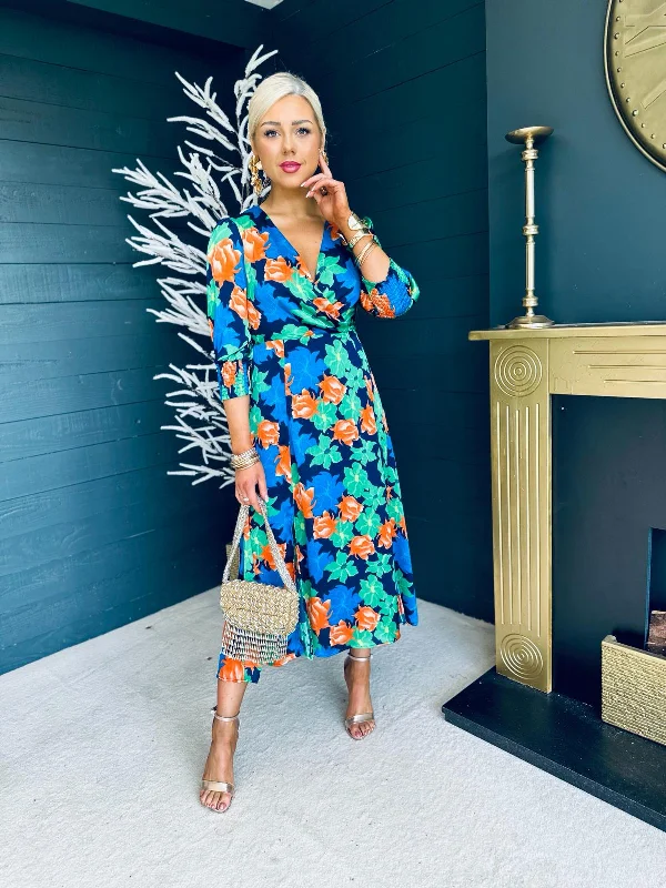 Wrap - Style Women Dress with Adjustable Fit for All Body Types Wrap - Style Women Dress with Adjustable Fit for All Body Types Daire Cuff Sleeve Midi Dress Floral Navy