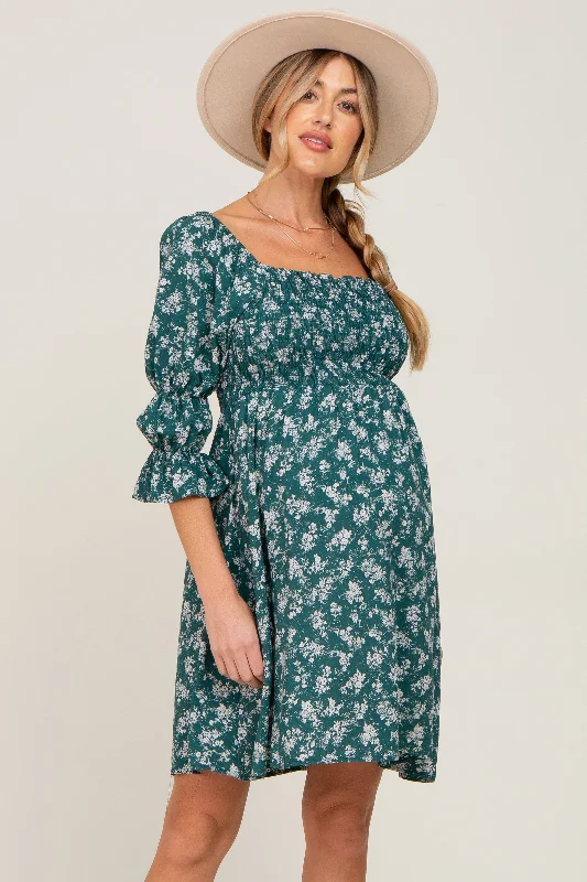 Empire Waist Women Dress to Accentuate the Bust and Conceal the Waist Empire Waist Women Dress to Accentuate the Bust and Conceal the Waist Forest Green Floral Ruffle Sleeve Smocked Maternity Dress