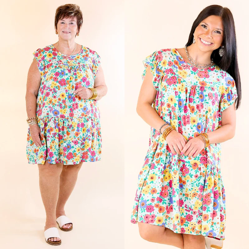 Plus Size Women Dress with a Flattering A - Line Cut for Comfort and Style Plus Size Women Dress with a Flattering A - Line Cut for Comfort and Style Greek Isles Floral Dress with Ruffle Cap Sleeves in Mint Green