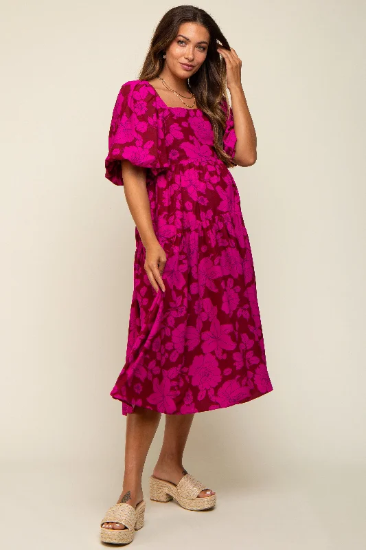 Lace - Embellished Women Dress for an Elegant and Sophisticated Appearance Lace - Embellished Women Dress for an Elegant and Sophisticated Appearance Magenta Floral Puff Sleeve Tiered Maternity Dress