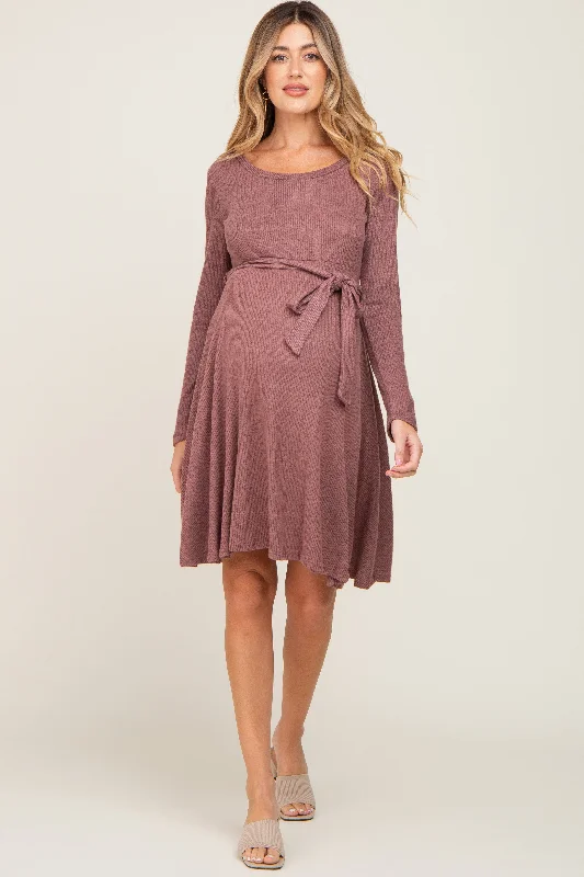 Long - Sleeve Women Dress in Velvet for a Luxurious Winter Look Long - Sleeve Women Dress in Velvet for a Luxurious Winter Look Mauve Soft Rib Knit Sash Tie Maternity Dress