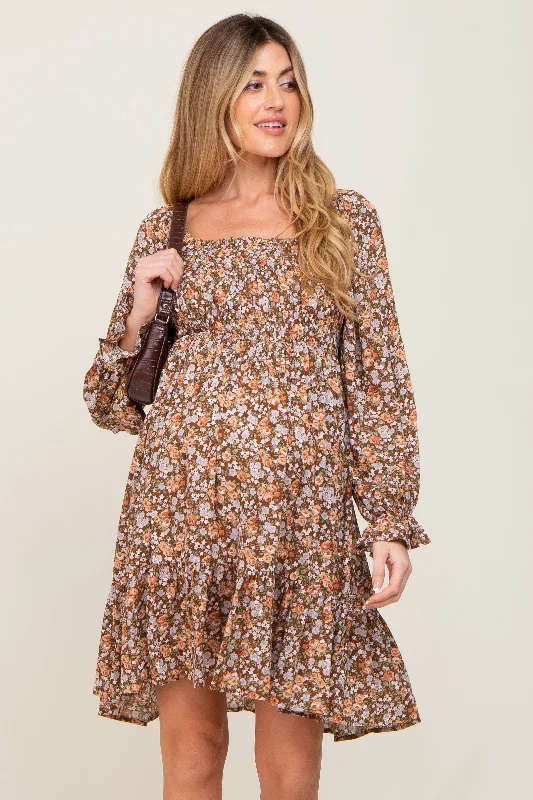 Shift Women Dress with a Simple and Classic Design for Everyday Wear Shift Women Dress with a Simple and Classic Design for Everyday Wear Mocha Floral Smocked Square Neck Maternity Dress