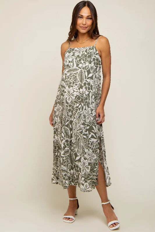 Printed Abstract Women Dress for a Modern and Artistic Appeal Printed Abstract Women Dress for a Modern and Artistic Appeal Olive Floral Side Slit Maternity Midi Dress