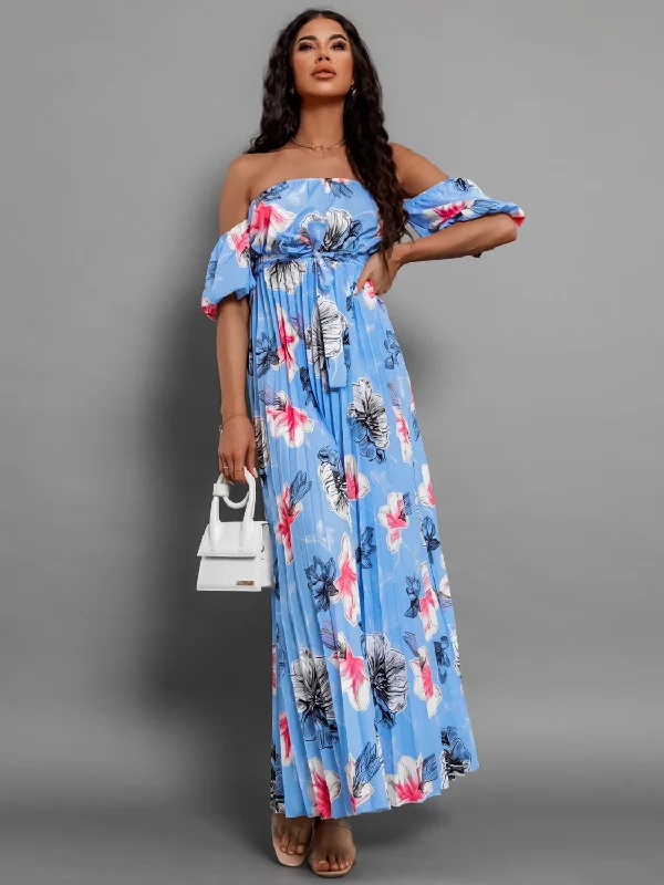 Lace - Embellished Women Dress for an Elegant and Sophisticated Appearance Lace - Embellished Women Dress for an Elegant and Sophisticated Appearance Pleated Floral Off-Shoulder Short Sleeve Midi Dress