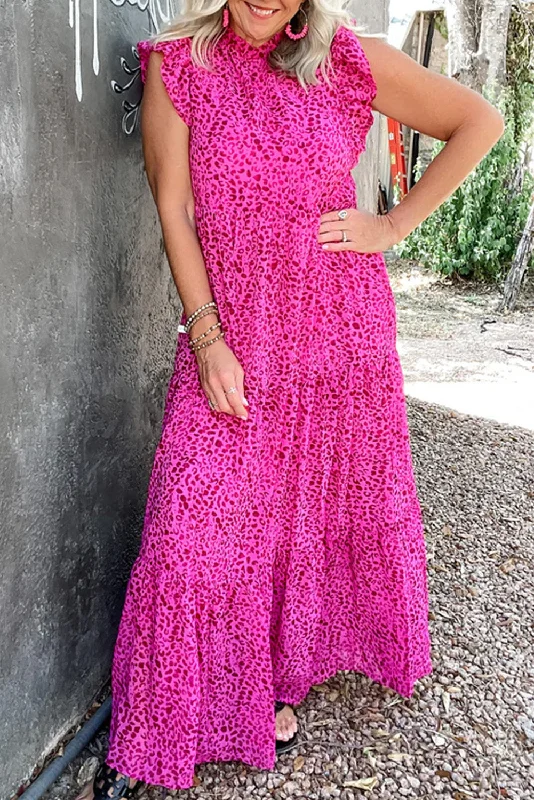 Sleeveless Women Dress in Bright Colors for Summer Parties Sleeveless Women Dress in Bright Colors for Summer Parties Rose Red Leopard Print Ruffled Trim Tiered Maxi Dress