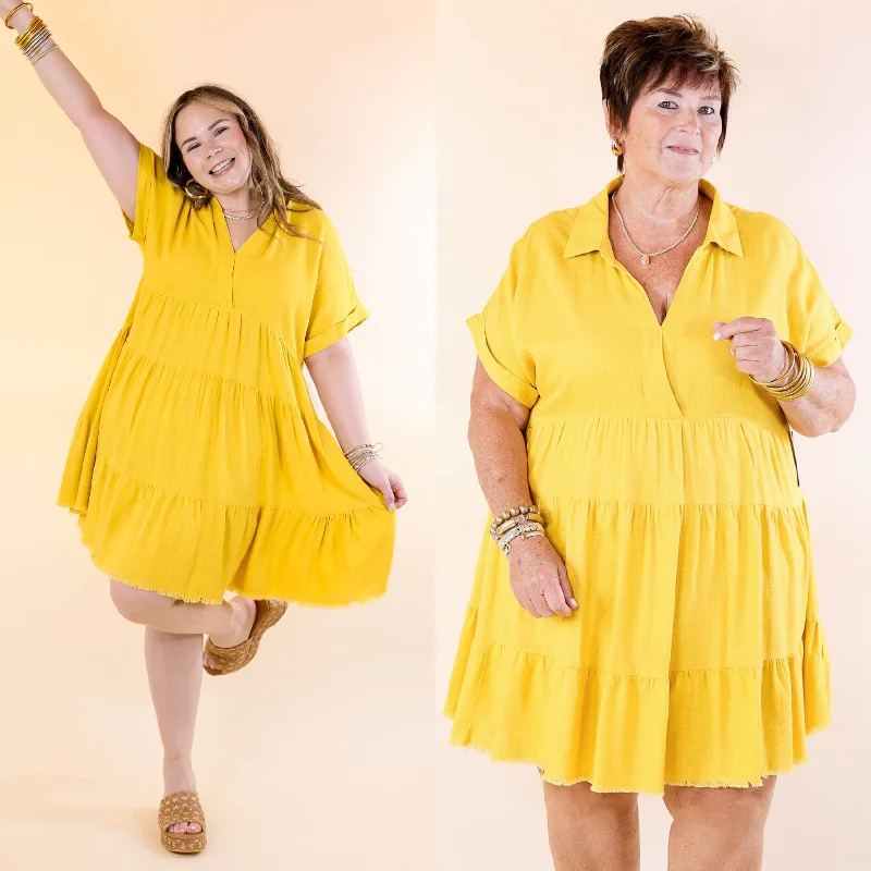 Printed Abstract Women Dress for a Modern and Artistic Appeal Printed Abstract Women Dress for a Modern and Artistic Appeal Taos Transitions Ruffle Tiered Collared Dress with Frayed Hem in Yellow