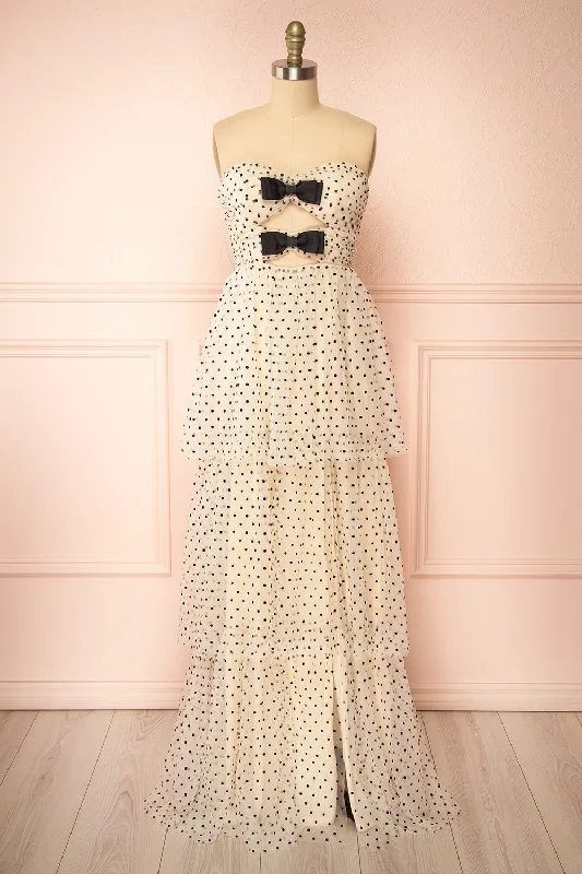 Midi dresses with embroidered accents for a unique and detailed designAbbie | Cream Tulle Maxi Dress w/ Polka Dots Midi dresses with embroidered accents for a unique and detailed designAbbie | Cream Tulle Maxi Dress w/ Polka Dots
