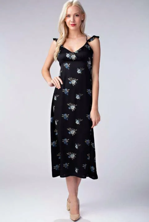 Maxi - inspired midi dresses with flowing fabrics for a beachy vibeAlong the Prairie Black Floral Print Midi Dress