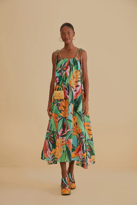 Midi dresses with tiered skirts for a bohemian festival lookMulticolor Banana Foliage Sleeveless Midi Dress